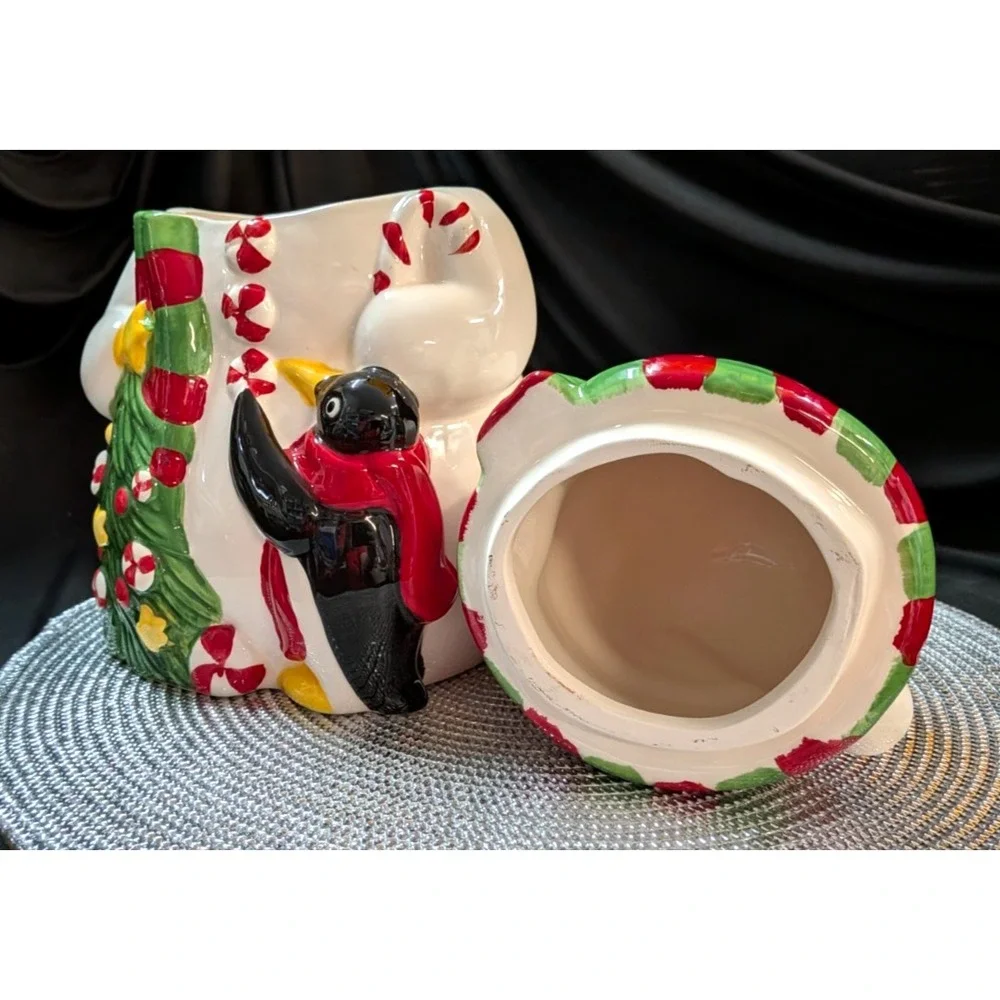 Snowman Cookie Jar W/ Penguin Christmas Decor Holiday Season Container